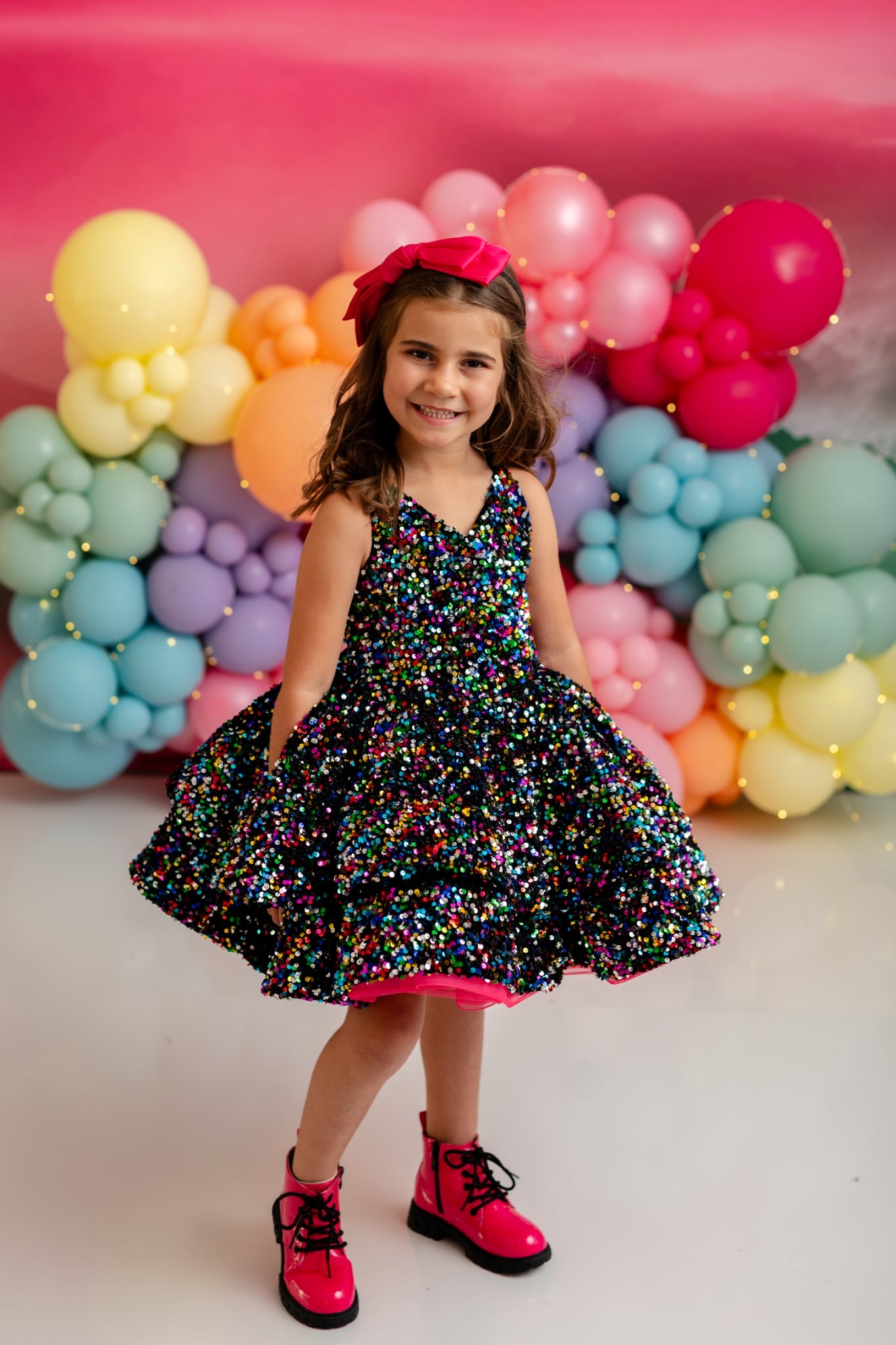 Luxury sequin dress for girls with satin bodice and layered tulle skirt – petal length couture design