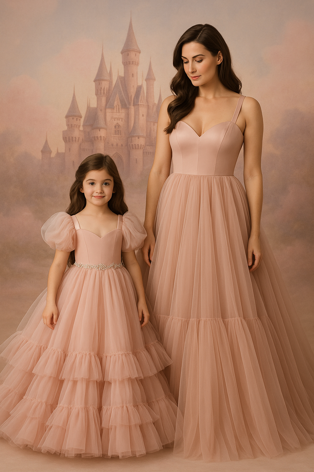 Two women in pink dresses standing in front of a castle in the background