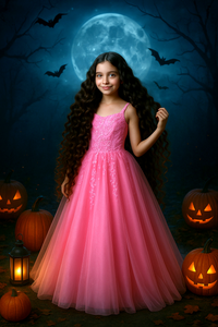 Young girl in a pink dress standing in a Halloween-themed setting with pumpkins and bats.