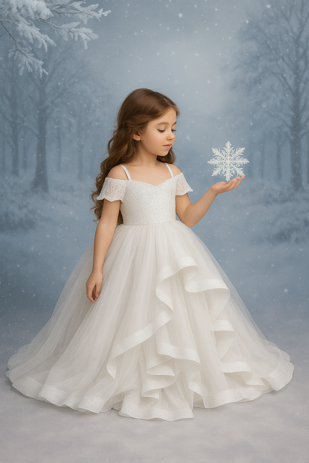 Young girl in a white dress holding a snowflake against a snowy forest background