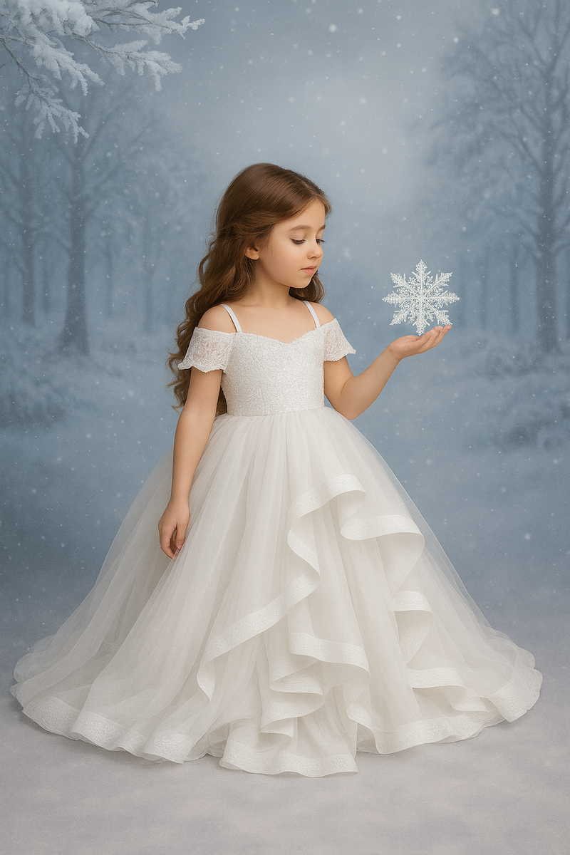 Young girl in a white dress holding a snowflake against a snowy forest background