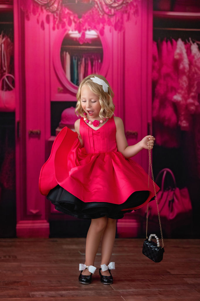 Barbie inspired flip dress, reversible pink and black, dresses for photography sessions, babydream backdrops, dream dress sessions, april massad photography