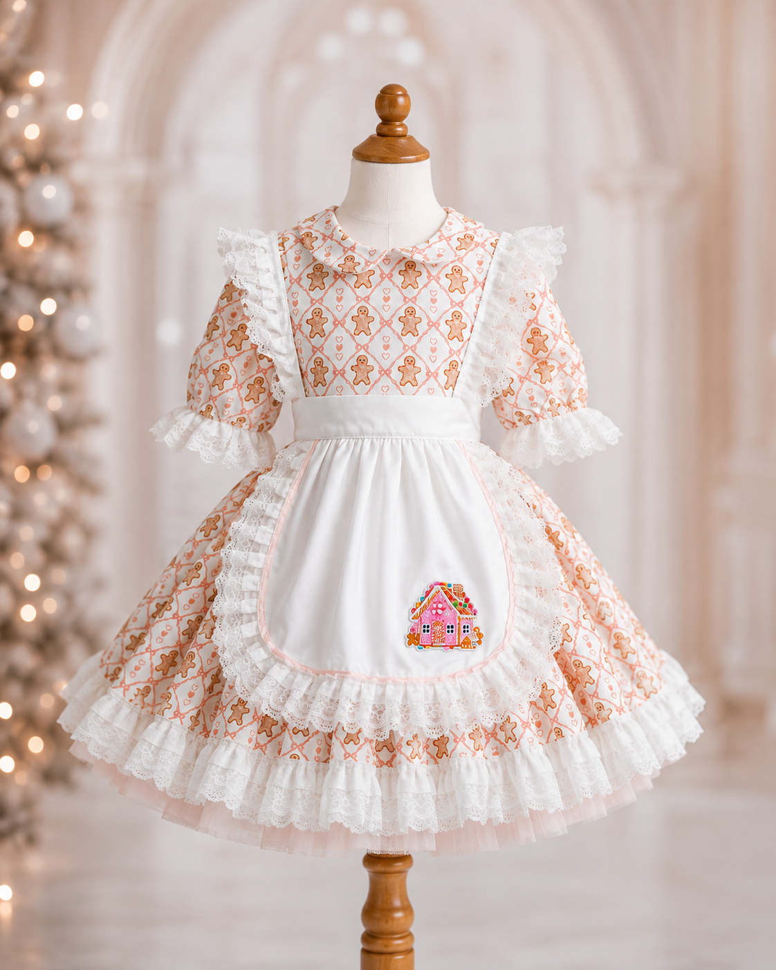 Order the Gingerbread Promenade, a vintage-inspired custom Christmas dress featuring pink gingerbread fabric, lace ruffles, and an optional detachable apron.