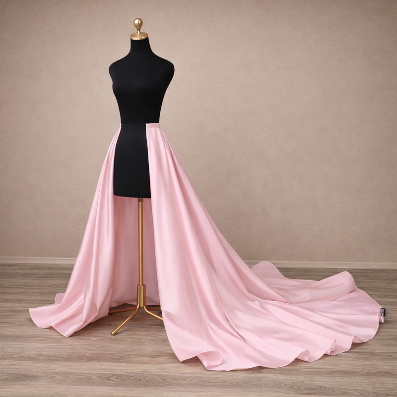 Pink evening gown on a mannequin against a beige wall.