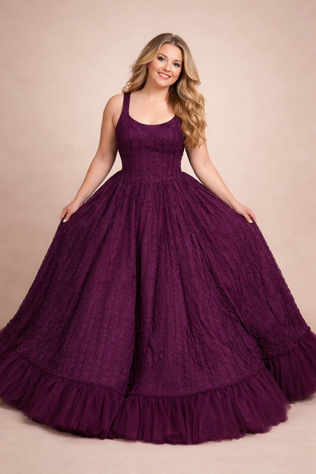 Woman wearing a purple gown with a ruffled skirt on a beige background