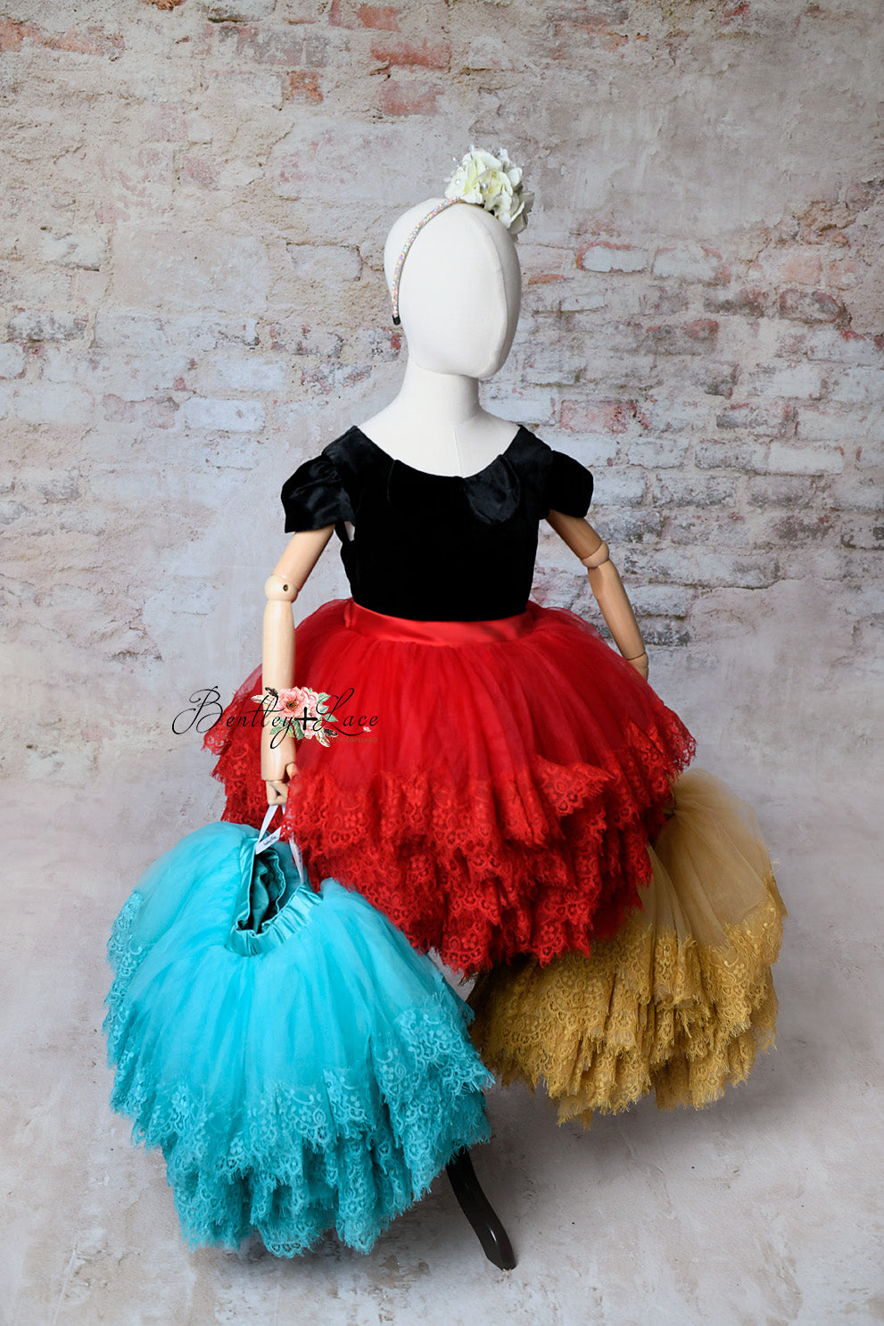 Couture rental gown  set  "Sammy" -   petal length dress + 3 short tulle lace skirts  ( 5 Year - 7 Year)