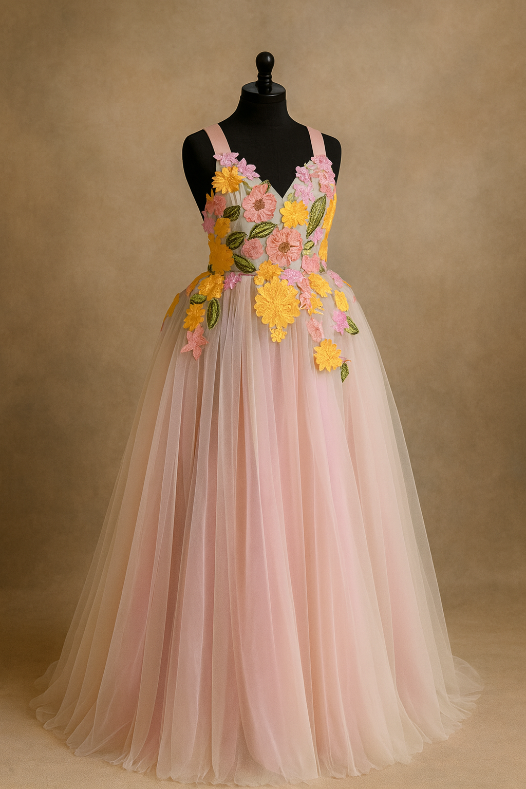Pink dress with floral embellishments on a mannequin against a beige background