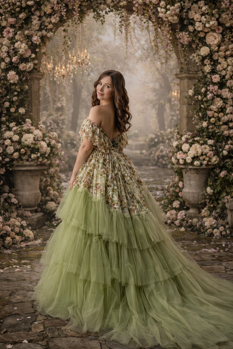 Custom adult floral couture gown with off-shoulder lace bodice and flowing tulle skirt, ideal for fine-art and editorial portraits.