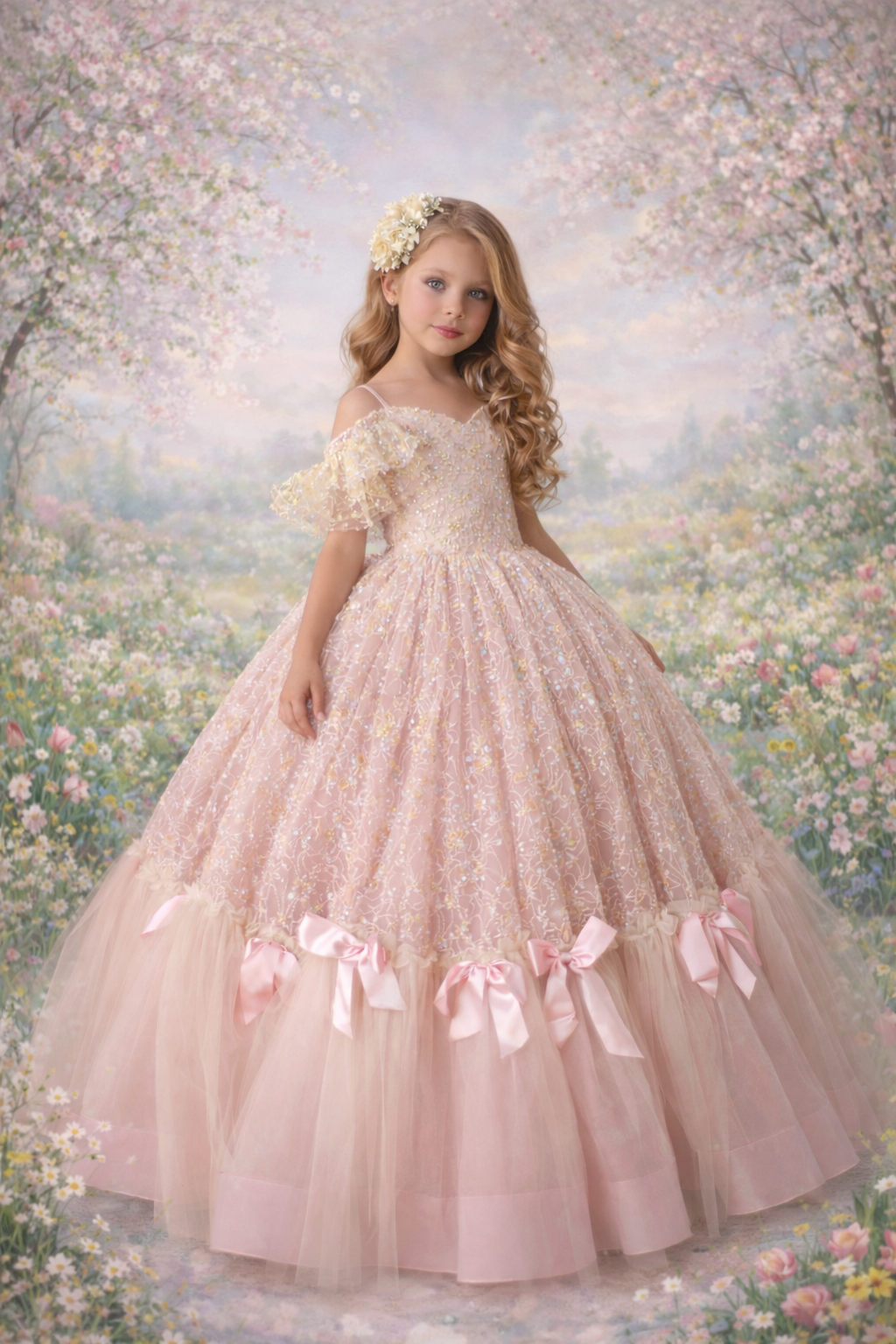 Young girl in a pink ball gown with floral decorations against a scenic background