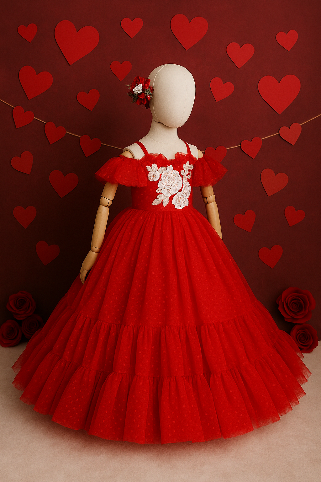 Mannequin wearing a red dress with white floral embroidery against a red heart-patterned background
