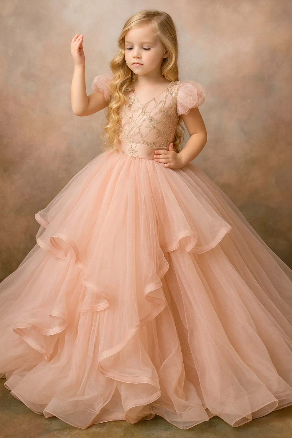 Young girl in a pink dress with lace top and ruffled skirt against a brown background