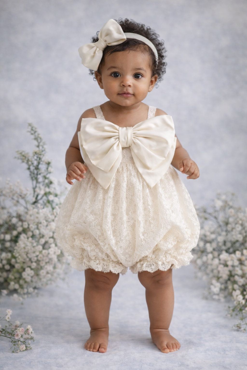 Baby in a white lace romper with a large bow standing against a floral background