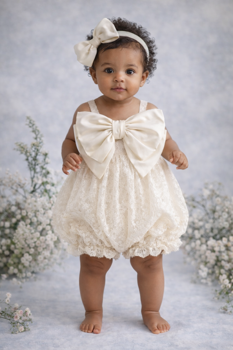 Baby in a white lace romper with a large bow standing against a floral background