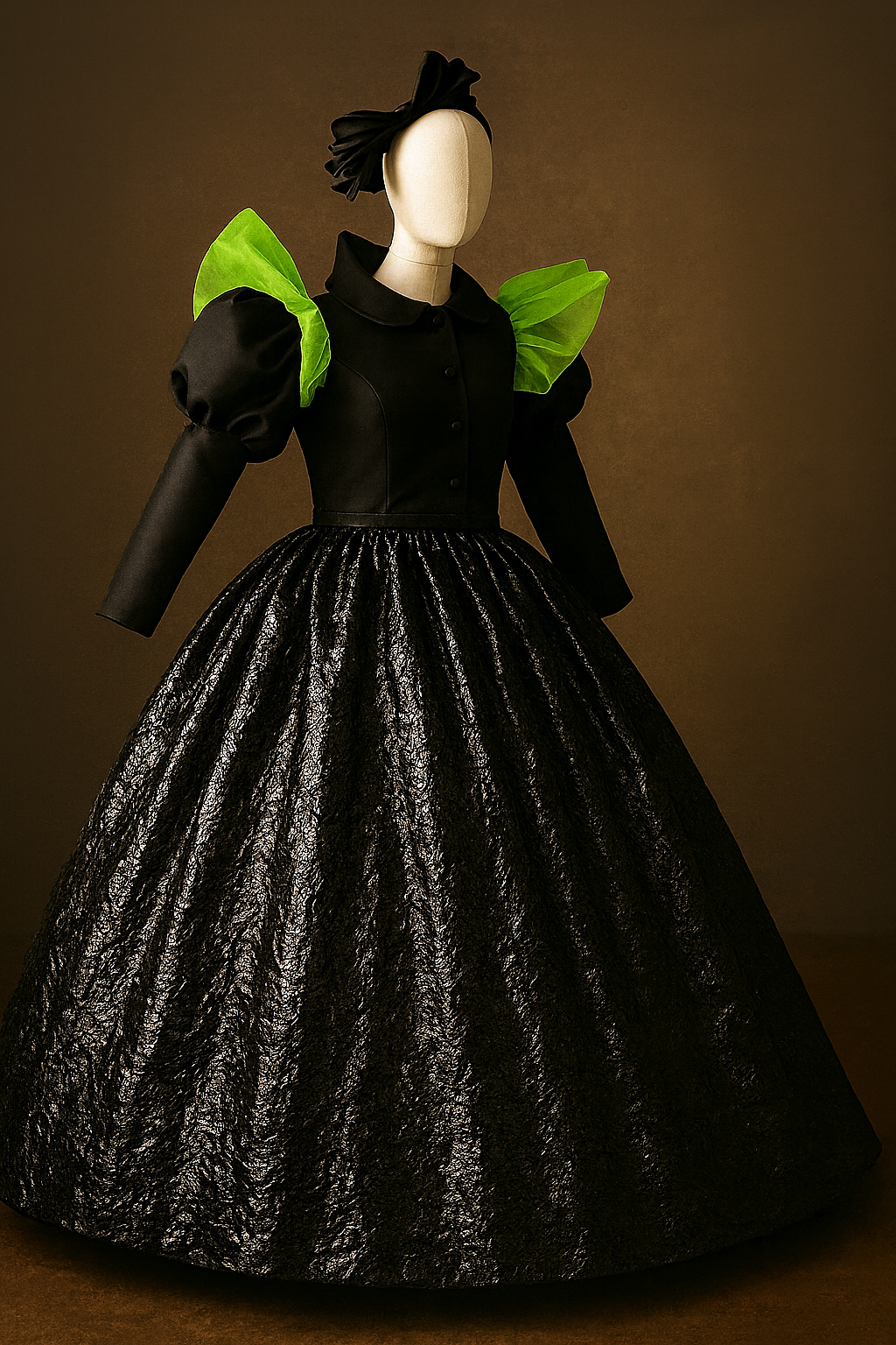 Mannequin wearing a black dress with green accents against a brown background