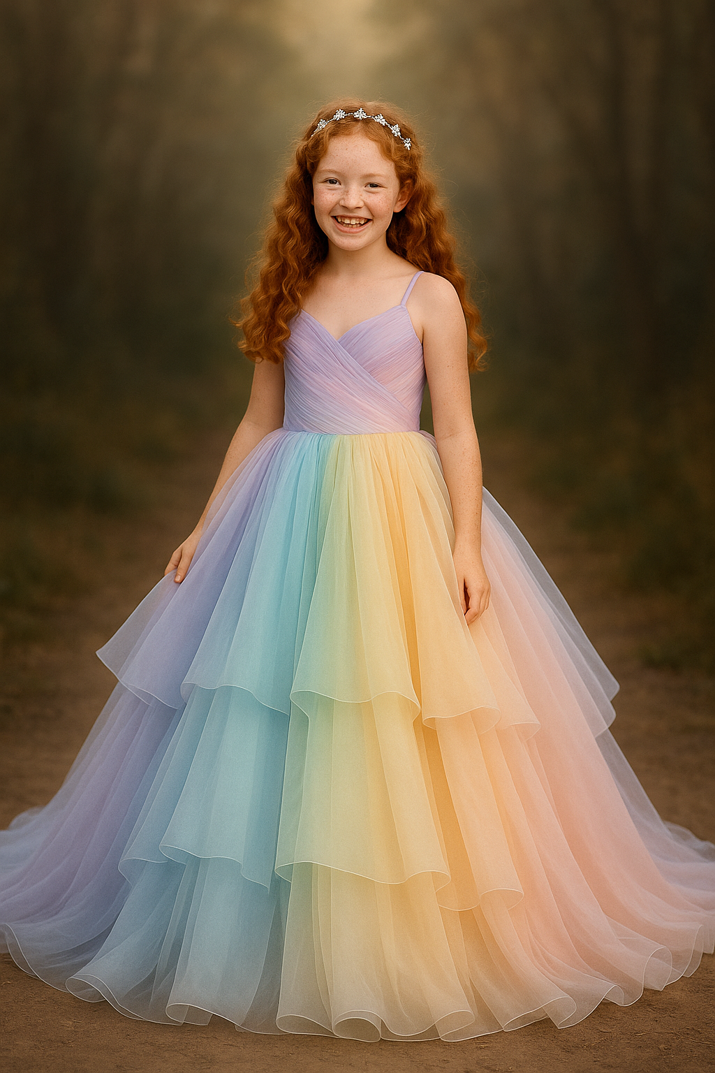 Young girl in a pastel rainbow dress against a dark background