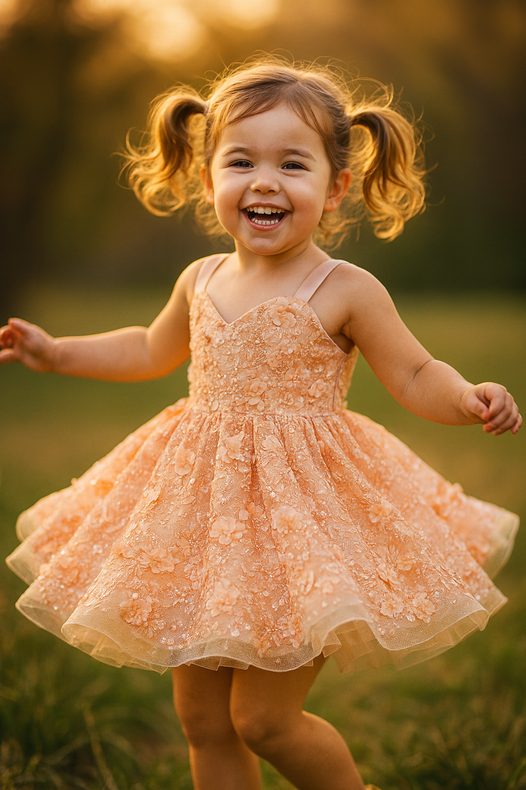 Young girl in a floral dress running outdoors with a blurred natural background