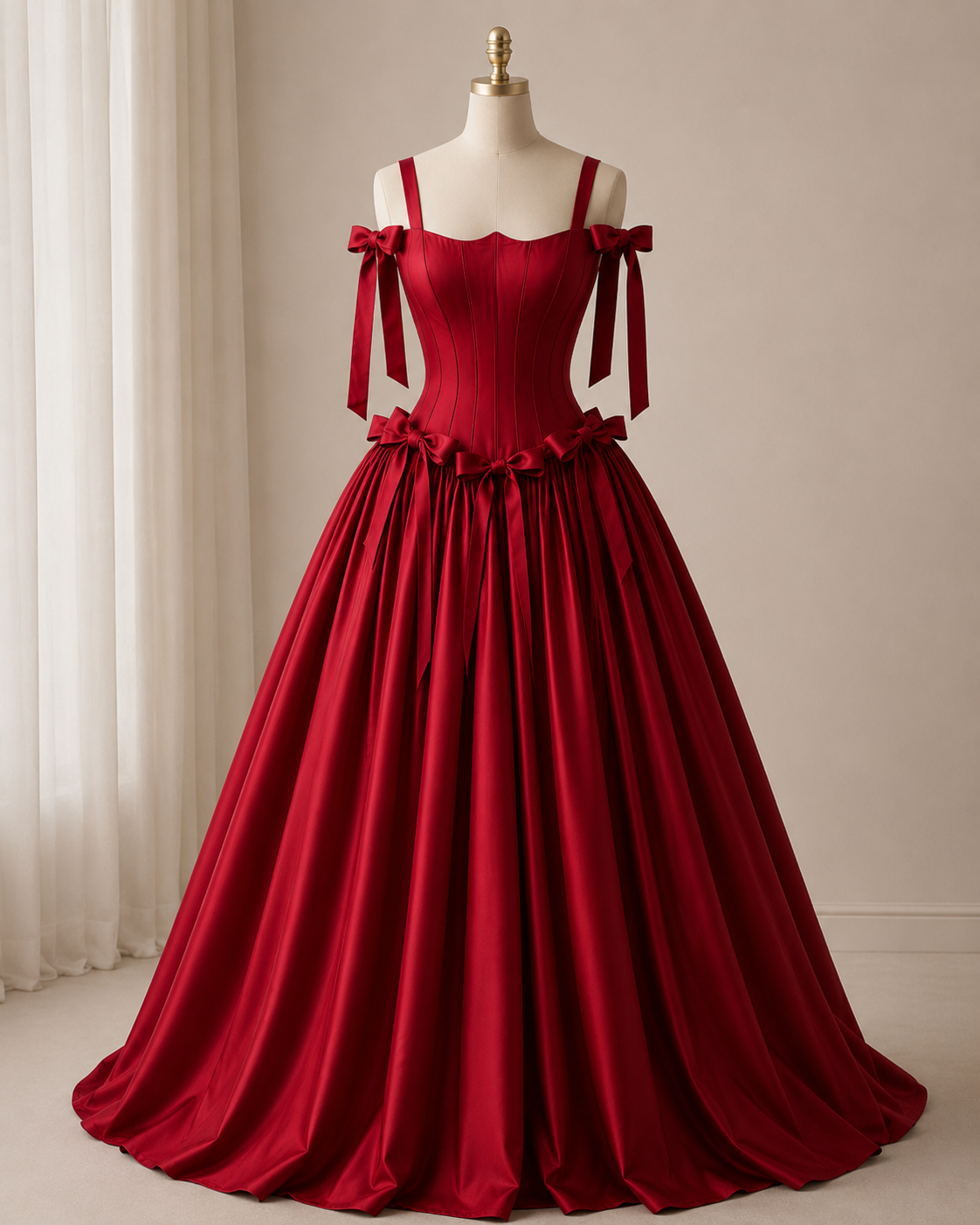 Scarlet Grace red satin gown with detachable waist bows