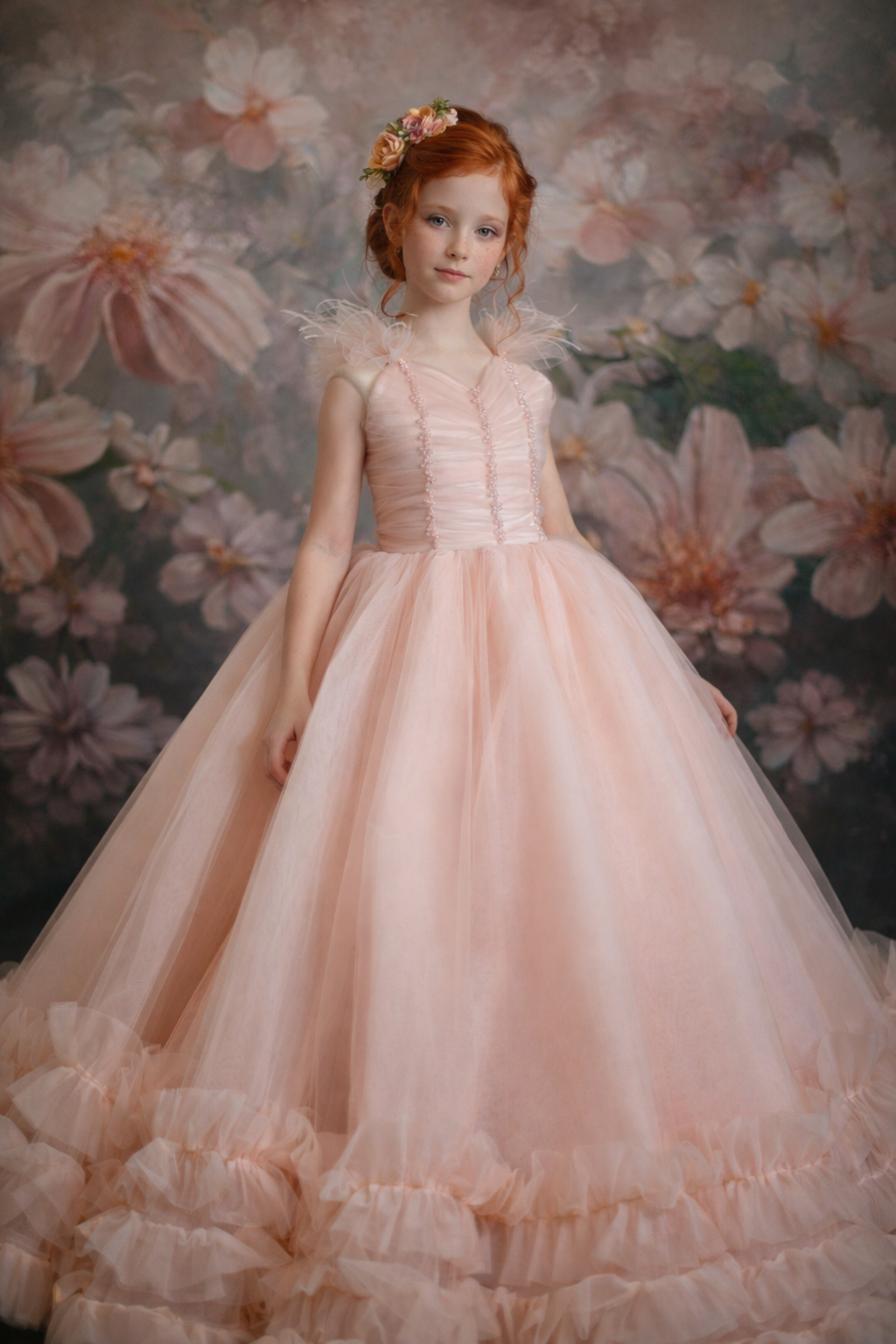 Young girl in a pink dress standing against a floral background