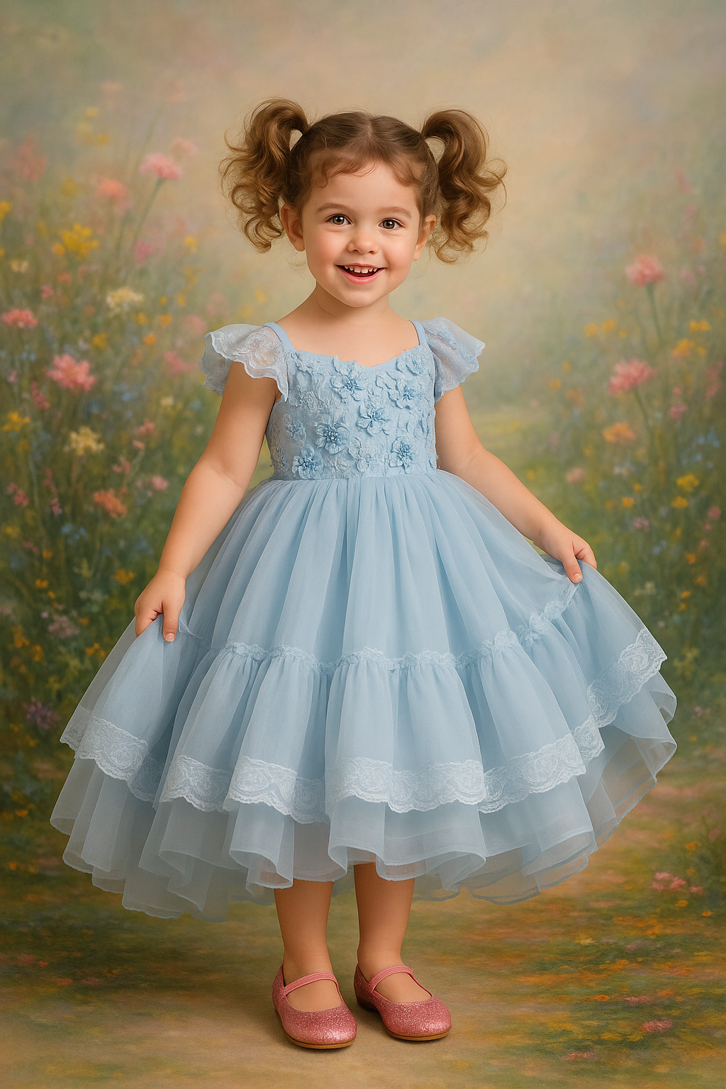 Young girl in a light blue dress standing in a field of flowers