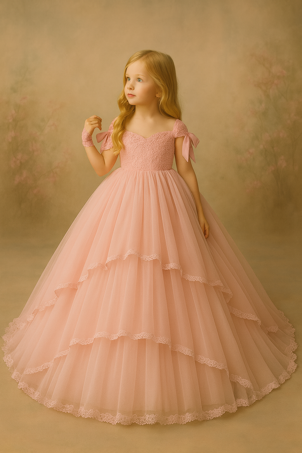 Young girl in a pink dress with ruffled layers against a soft, blurred background