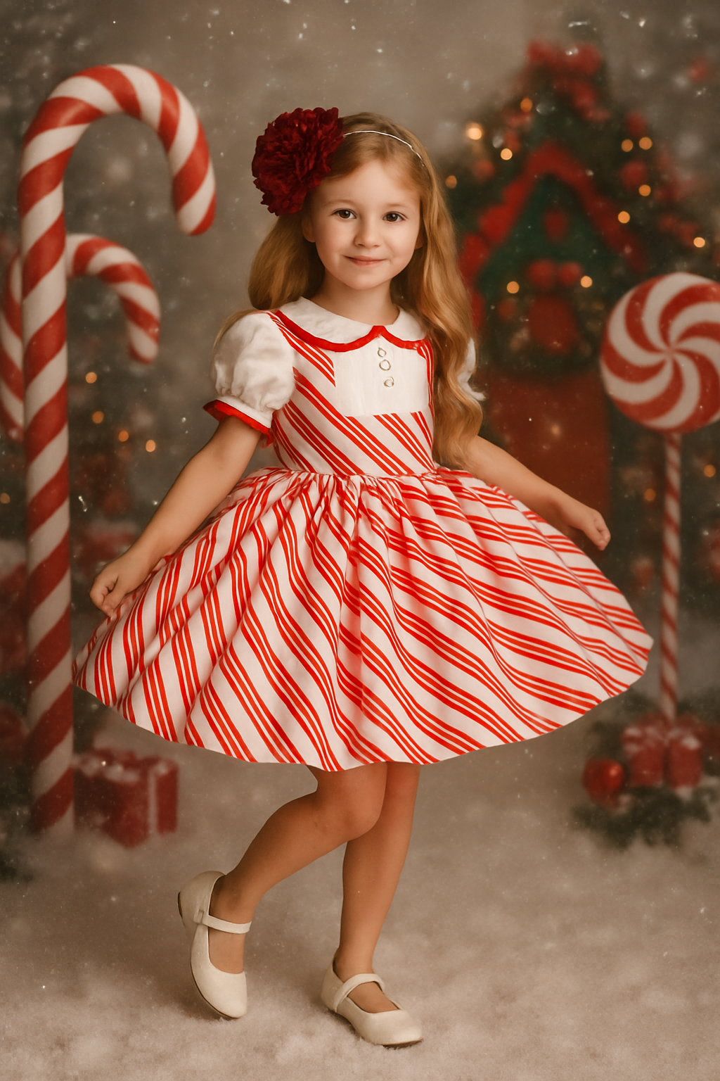 Young girl in a candy cane dress standing in a festive setting with candy canes and a lollipop.