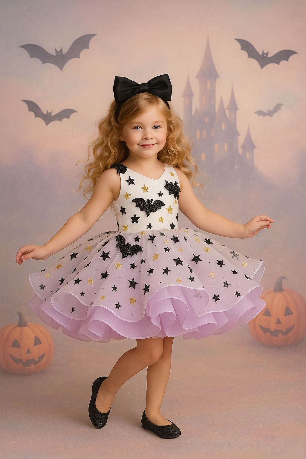 Young girl in a Halloween-themed dress with black bats and stars, standing in front of a castle and pumpkins.