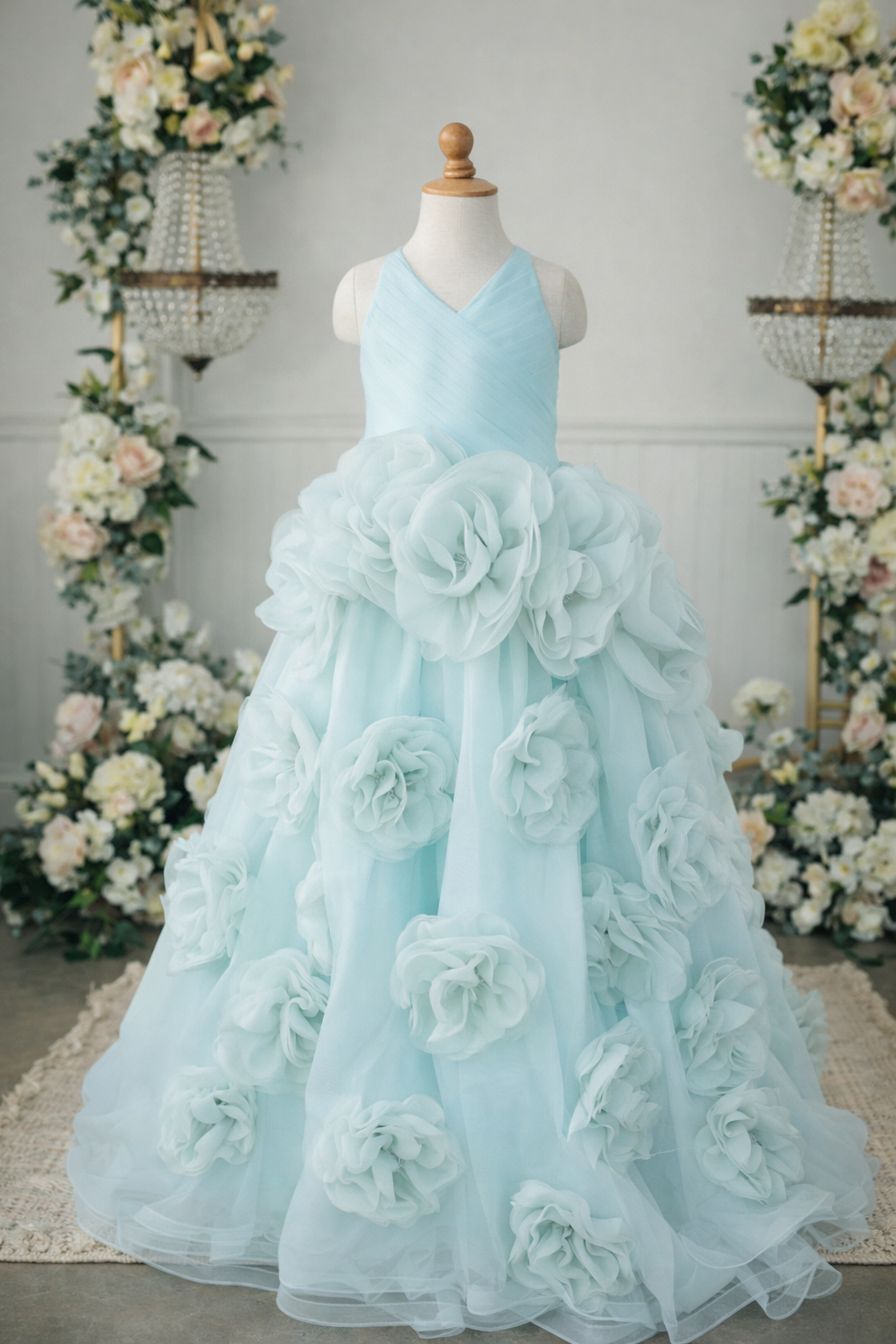 Light blue floral dress on a mannequin with decorative flowers and lights in the background
