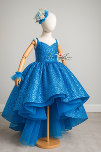 Blue sparkly dress on a mannequin with a gray background