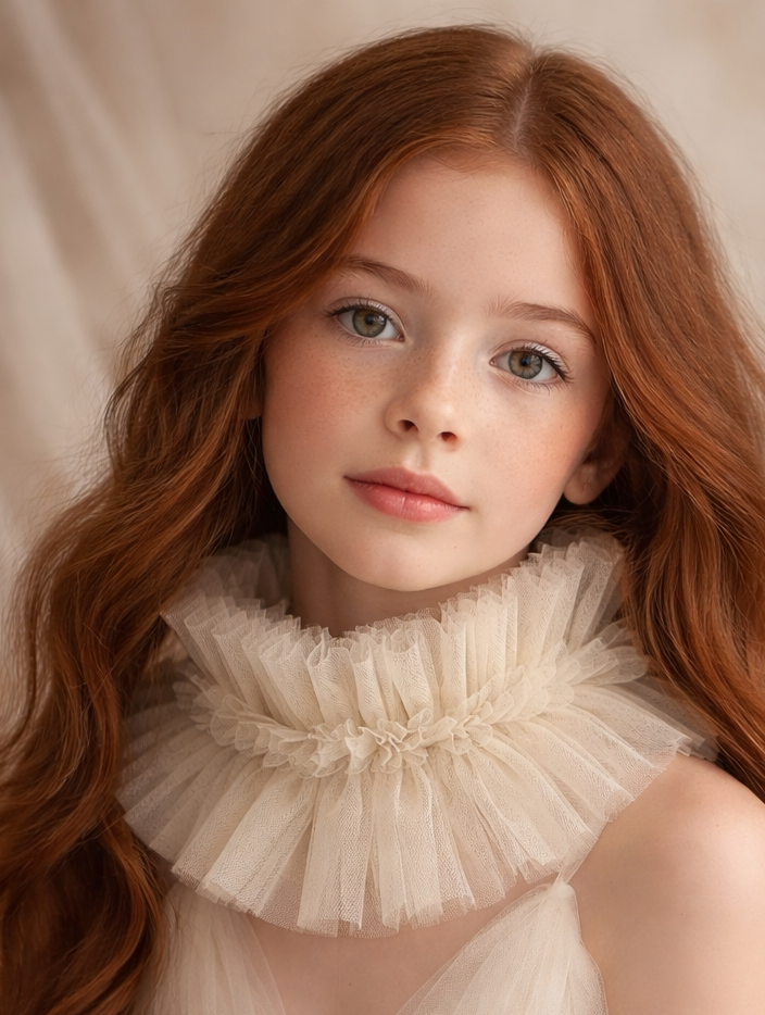 Young girl in a white dress with a large ruffled collar against a beige background