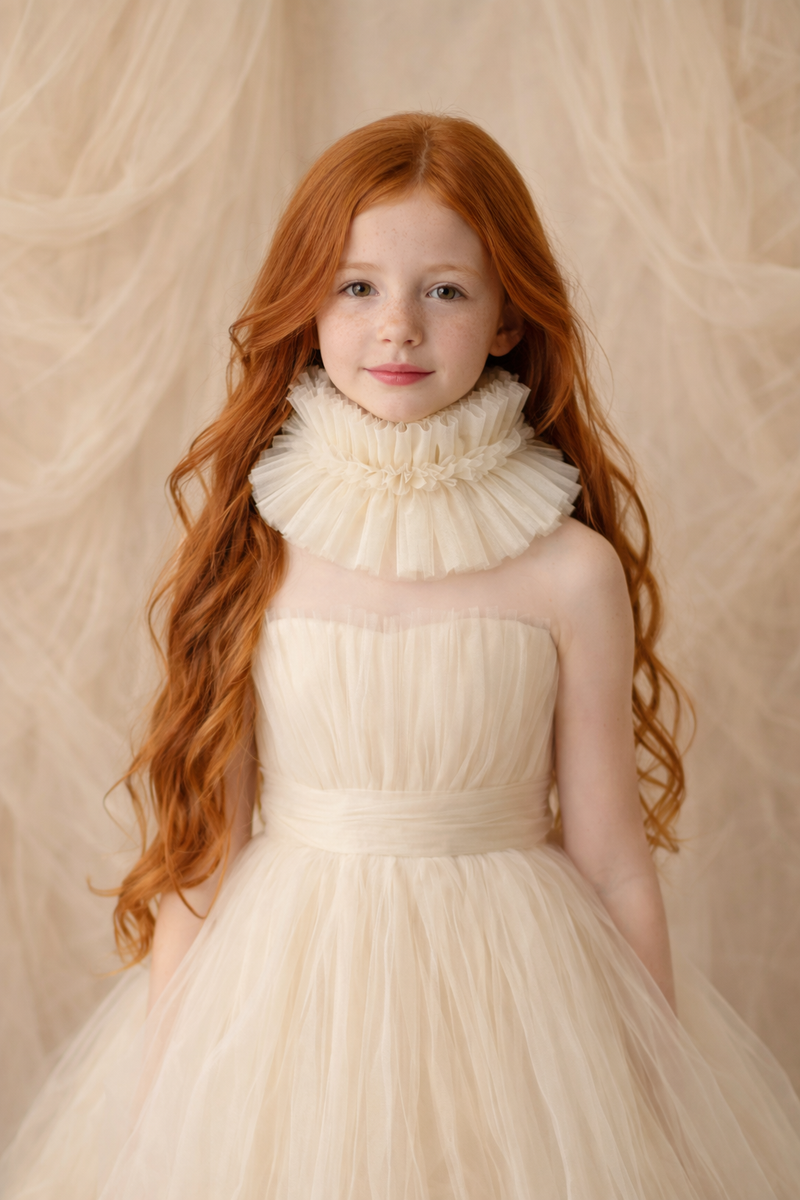 Young girl in a white dress with a ruffled collar against a beige background