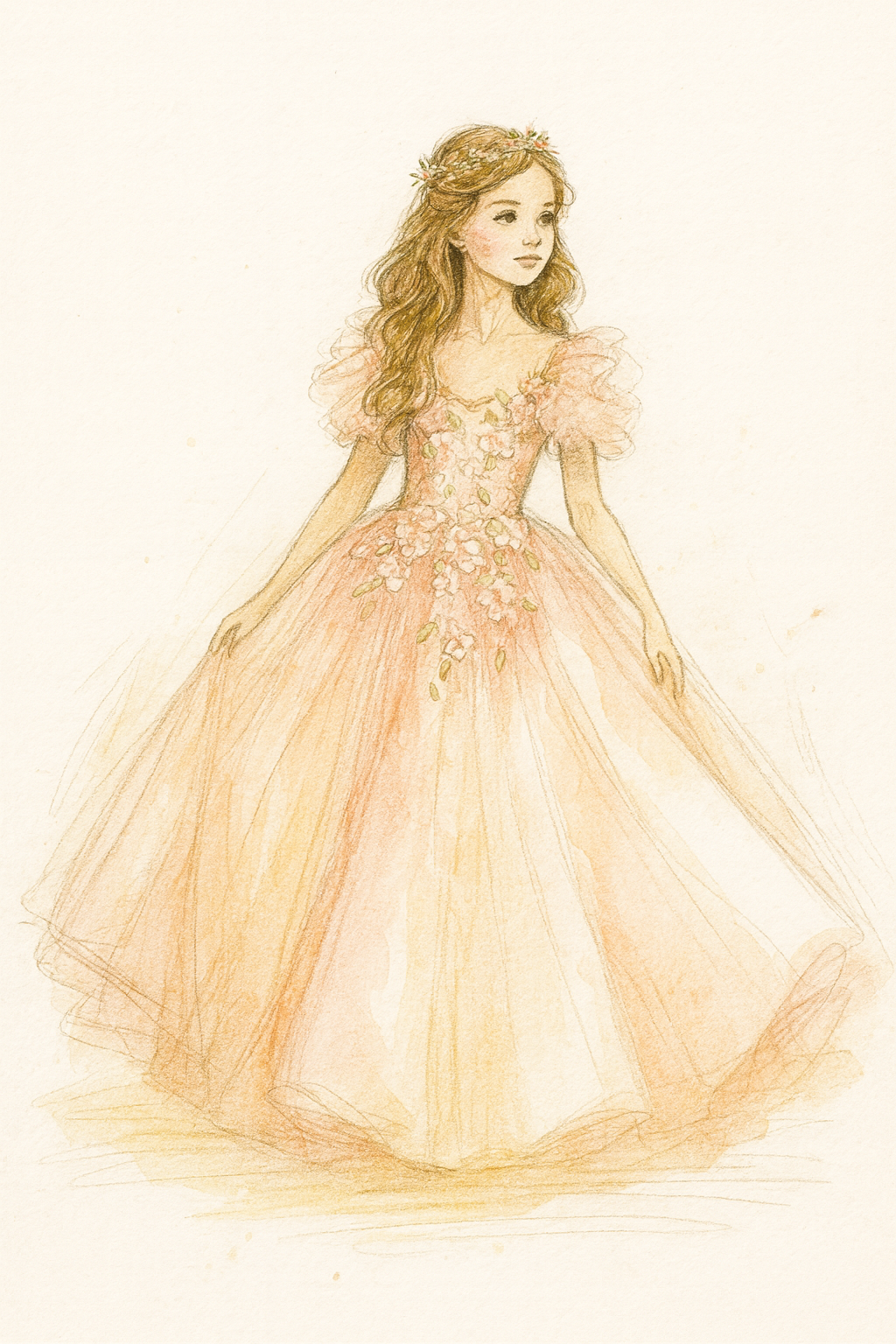 Illustration of a woman in a detailed gown on a light background