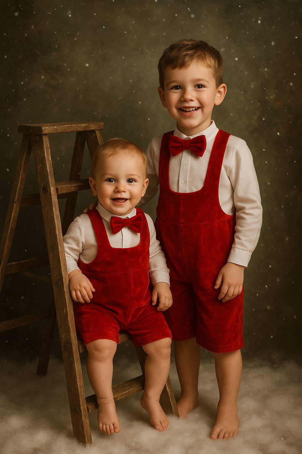 Two children in red overalls and bow ties posing together with a wooden ladder in the background.