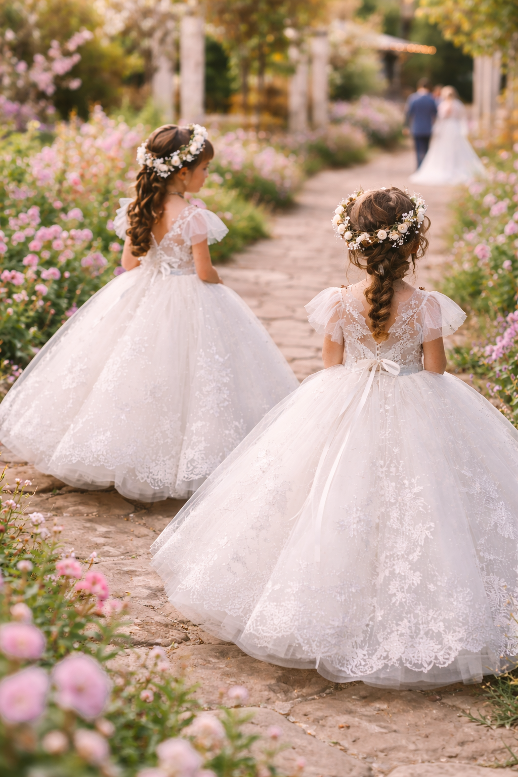 Two young girls in white lace dresses walking along a path in a garden.