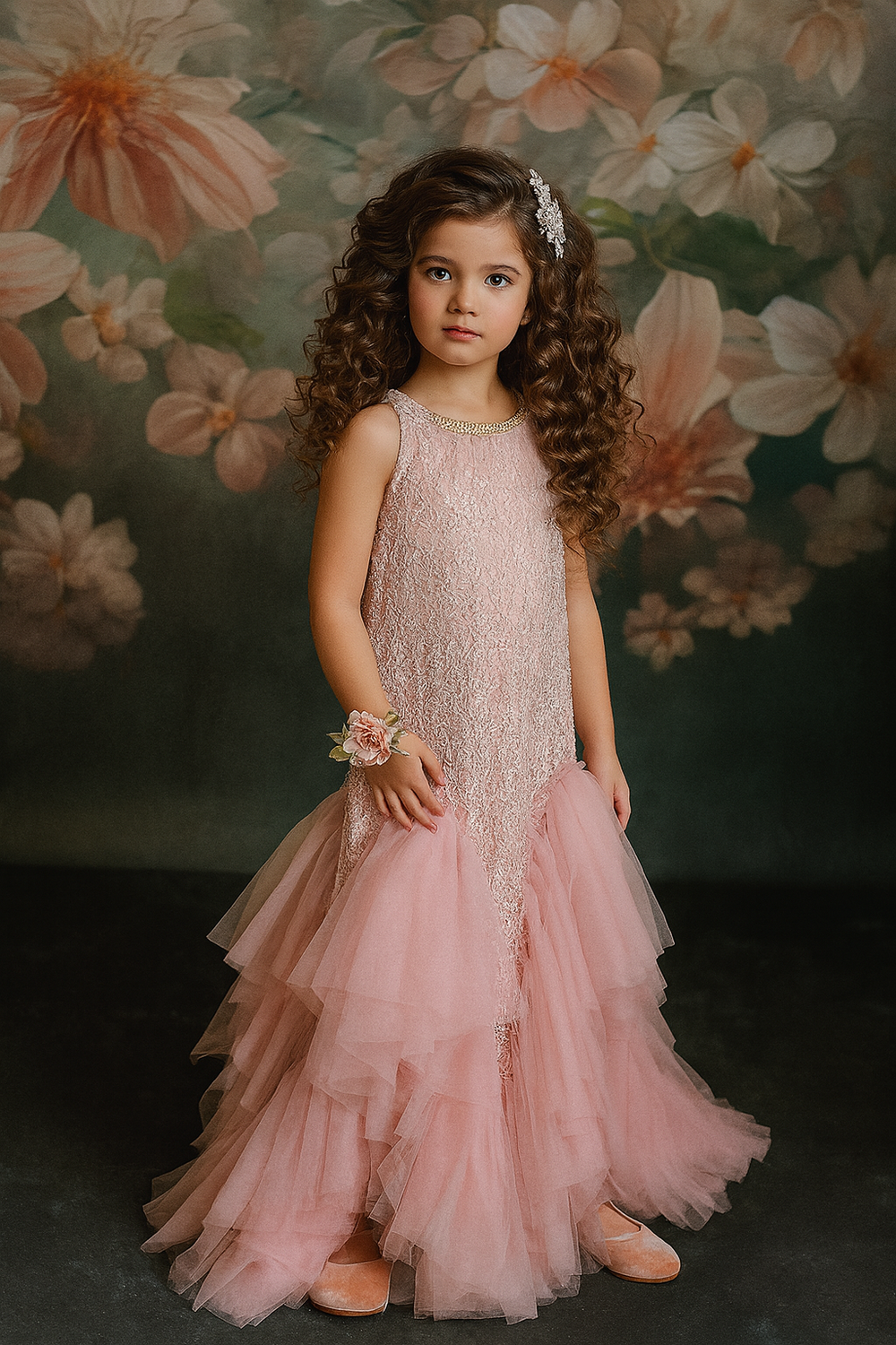 Young girl in a pink dress standing against a floral backdrop