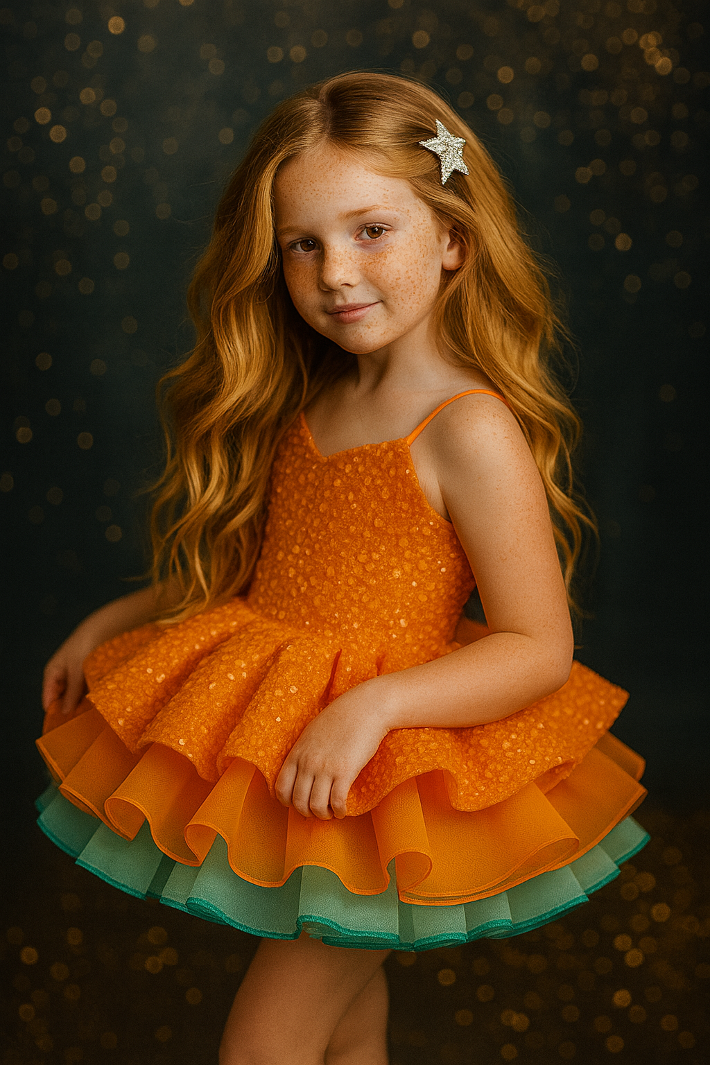 Young girl wearing an orange dress with a star hair clip against a dark background