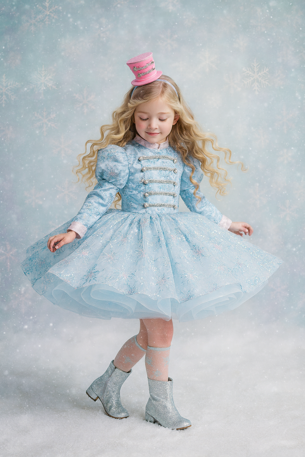 Young girl in a blue dress with puffed sleeves and a pink hat standing on a snowy background