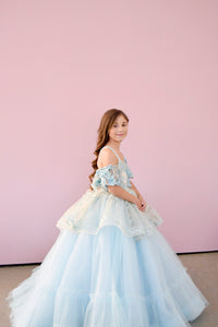 "Full view of the Trésor Caché Floor Length Gown showcasing its elegant 3D floral bodice and off-shoulder fabric details."

