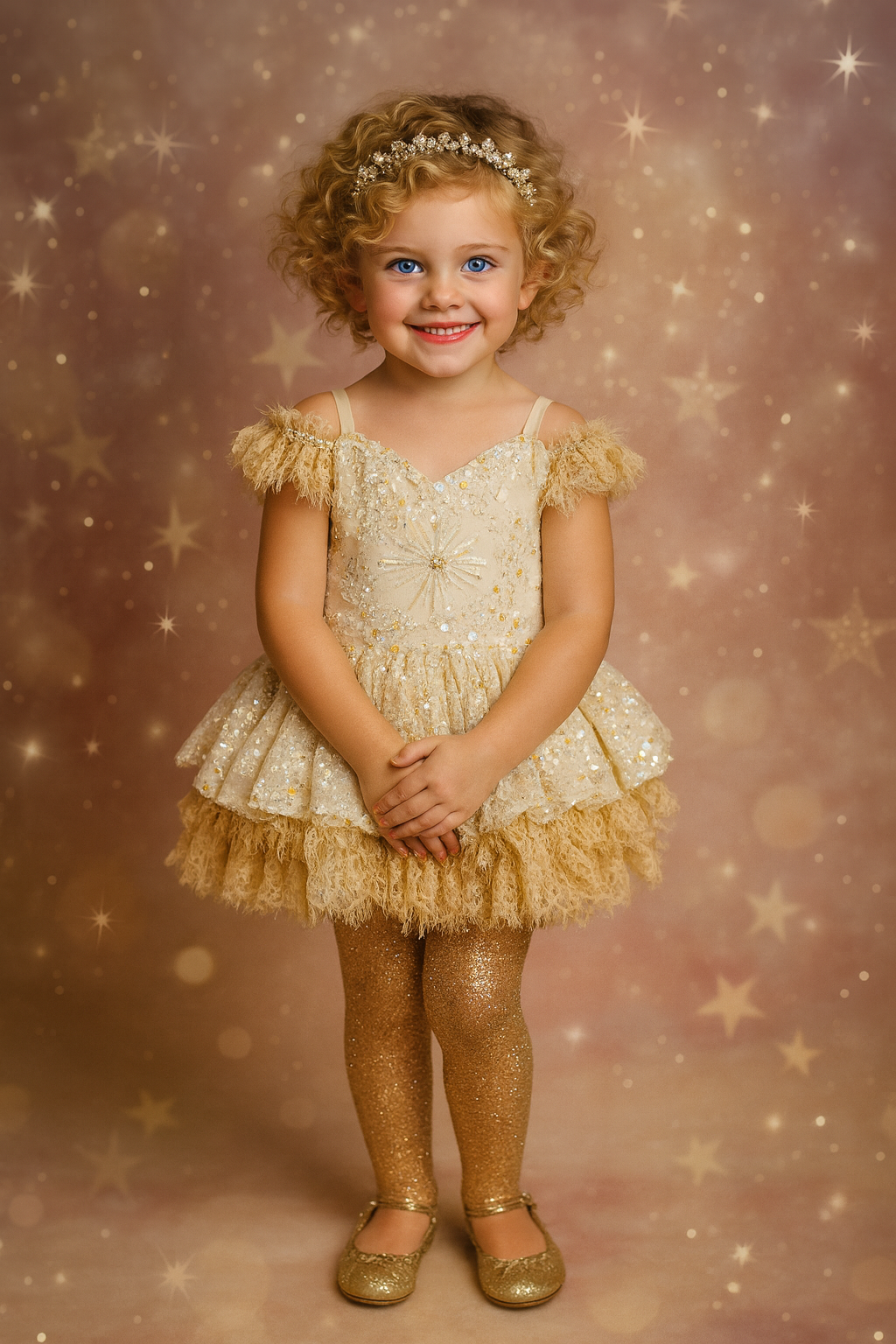 Young girl in a gold dress with a sparkling background