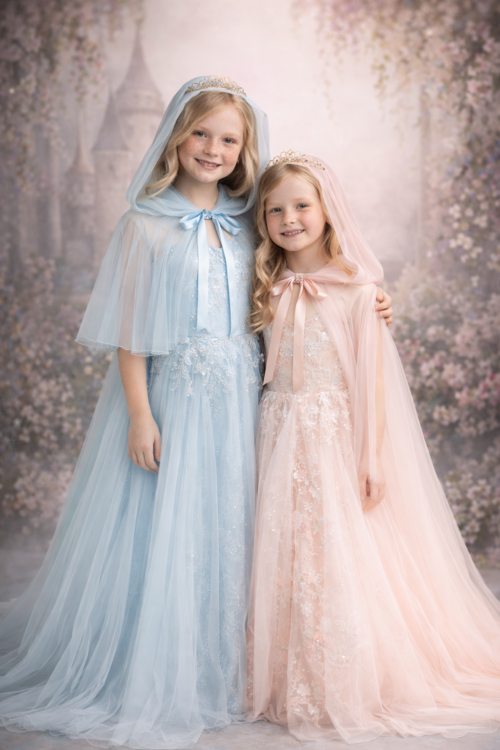 Two young girls in fairy-tale costumes standing against a floral backdrop.