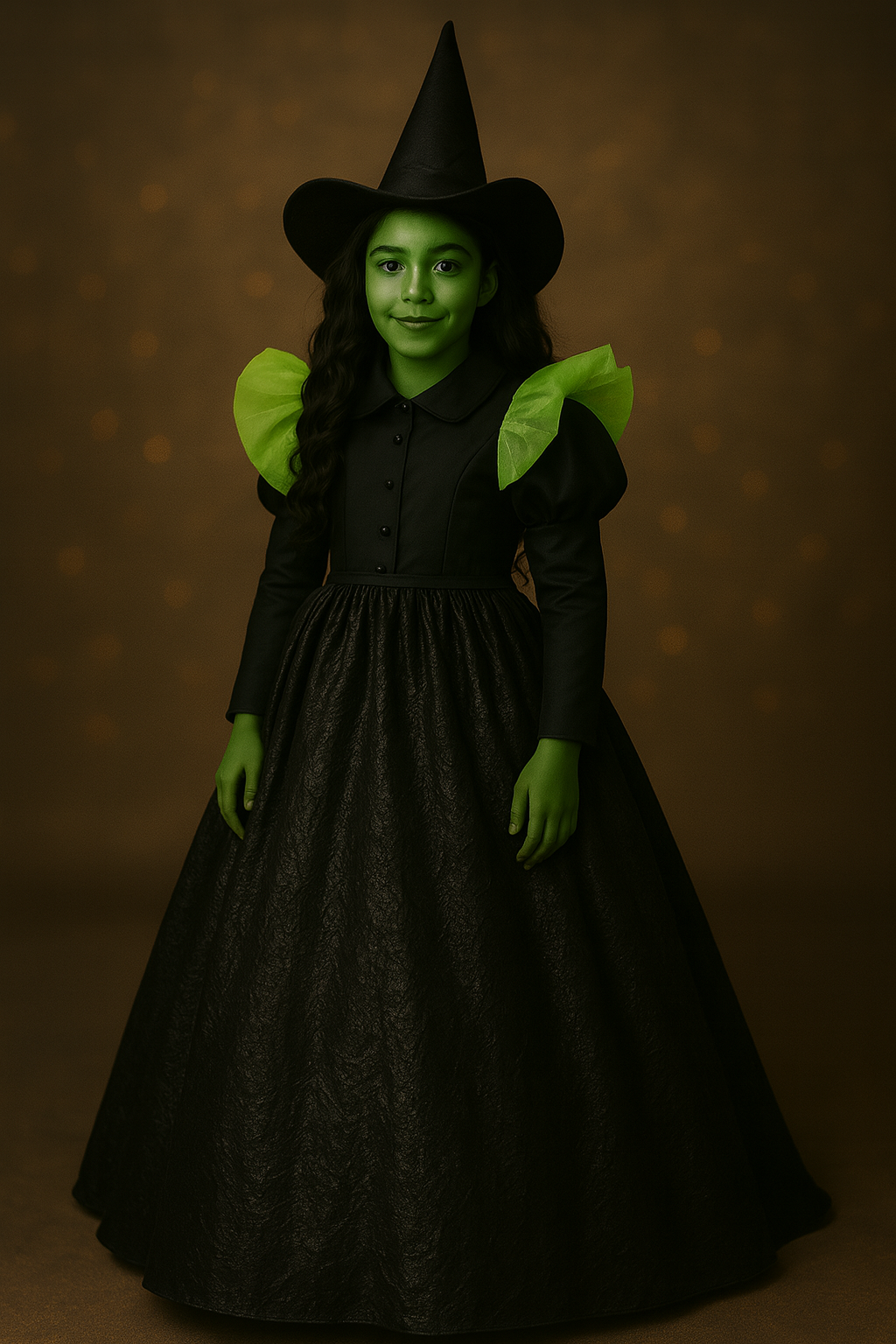 Person in a witch costume with green face makeup against a brown background