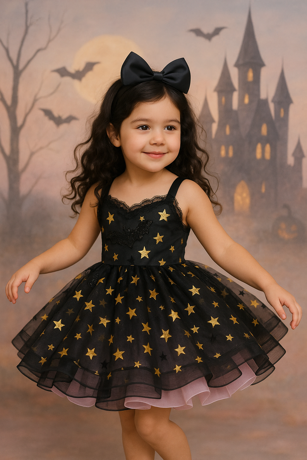 Child wearing a black dress with gold stars against a Halloween-themed background with bats and a castle.