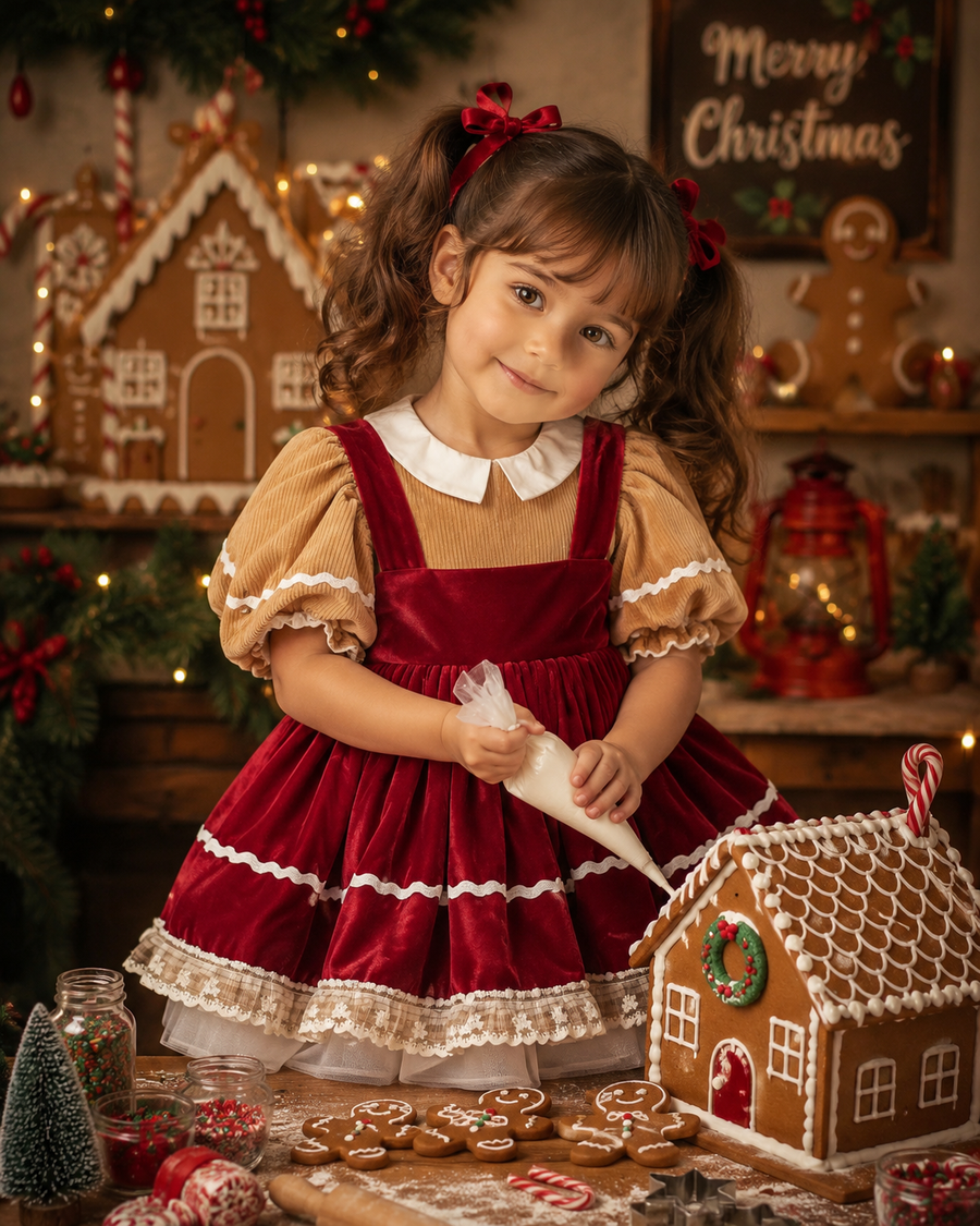 PRE ORDER Merry & Frosted Gingerbread Apron Dress  – Deluxe Holiday  Set  | Custom Colors Available | Editorial Dress | Special Occasion Gown