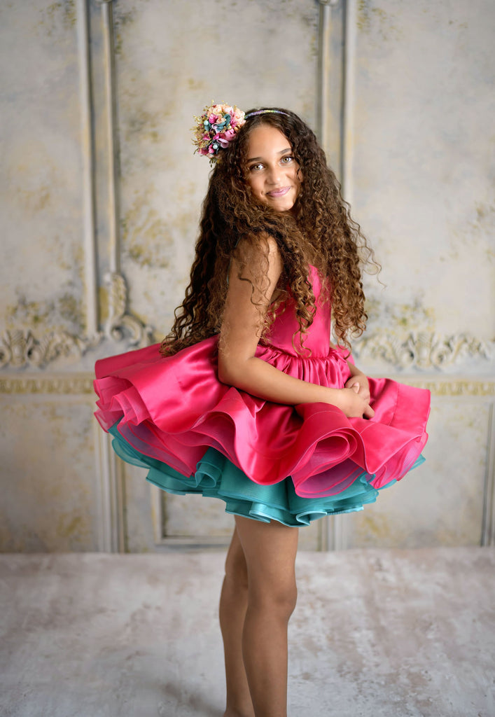 Reversible "Spunky" Pink/Turquoise  Petal  Length Dress ( 5 year- 8 year)