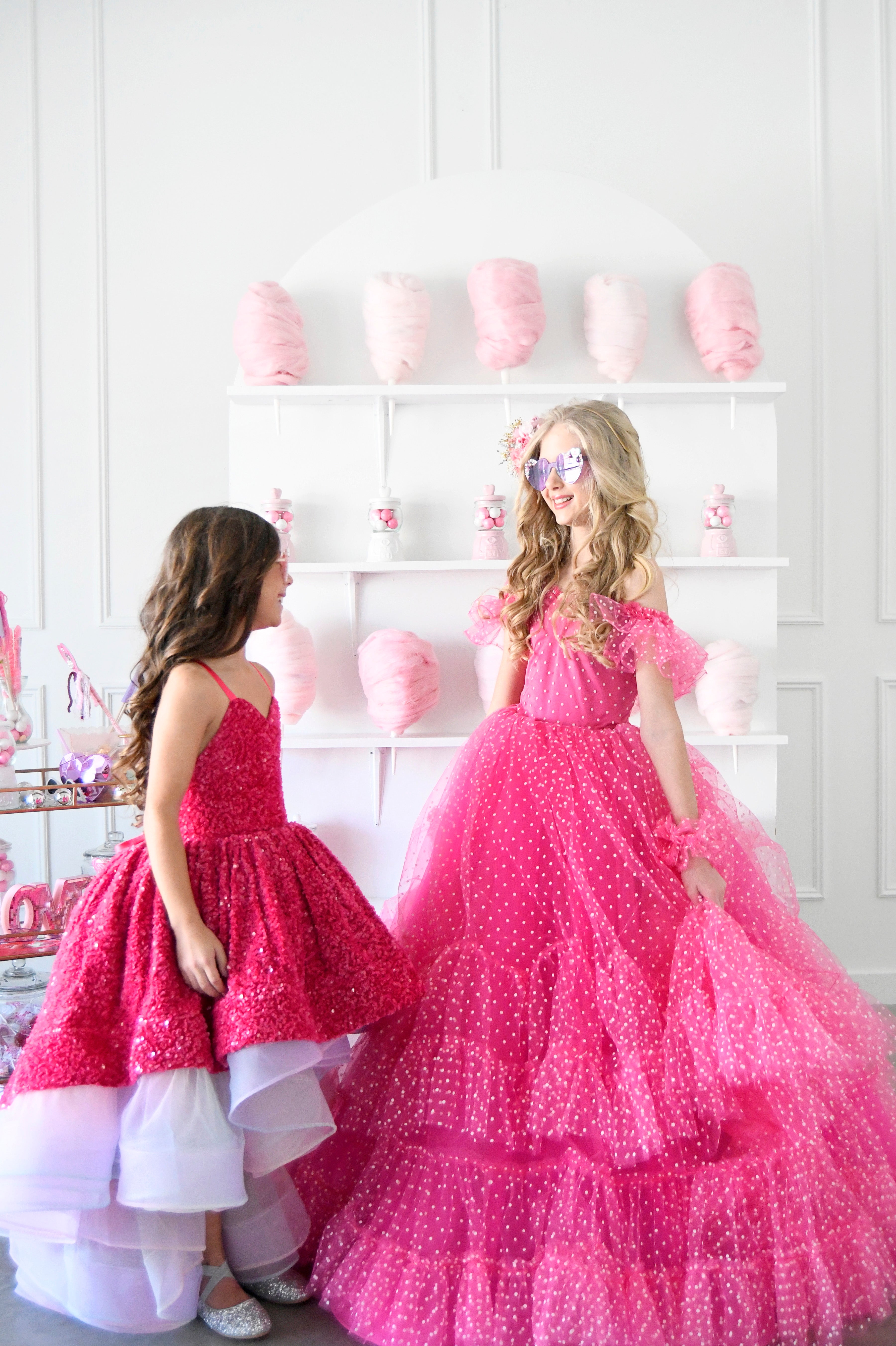 Swish Dots Couture Gown -pink- Floor length dress+Wristlets   (8 Year - 9 Year up to a petite 10 year)