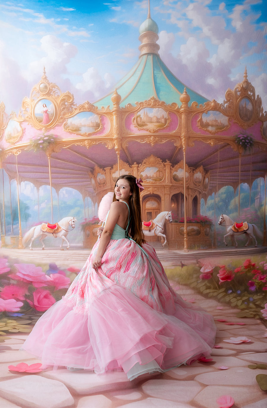 Cotton Candy Dream gown with delicate floral hairpiece for a whimsical look.

