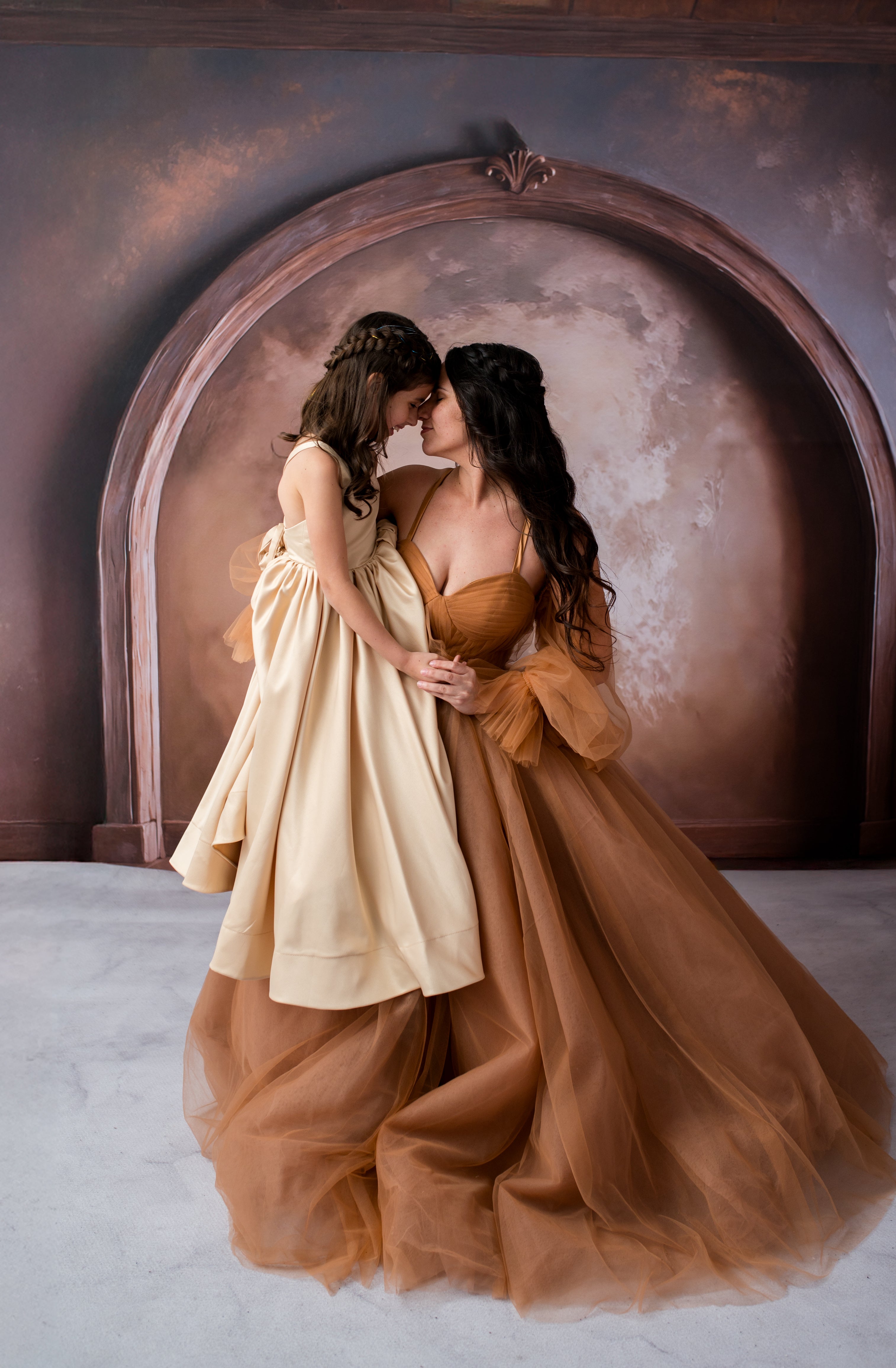 Romantic tulle gown rental with bishop sleeves and adjustable corset back