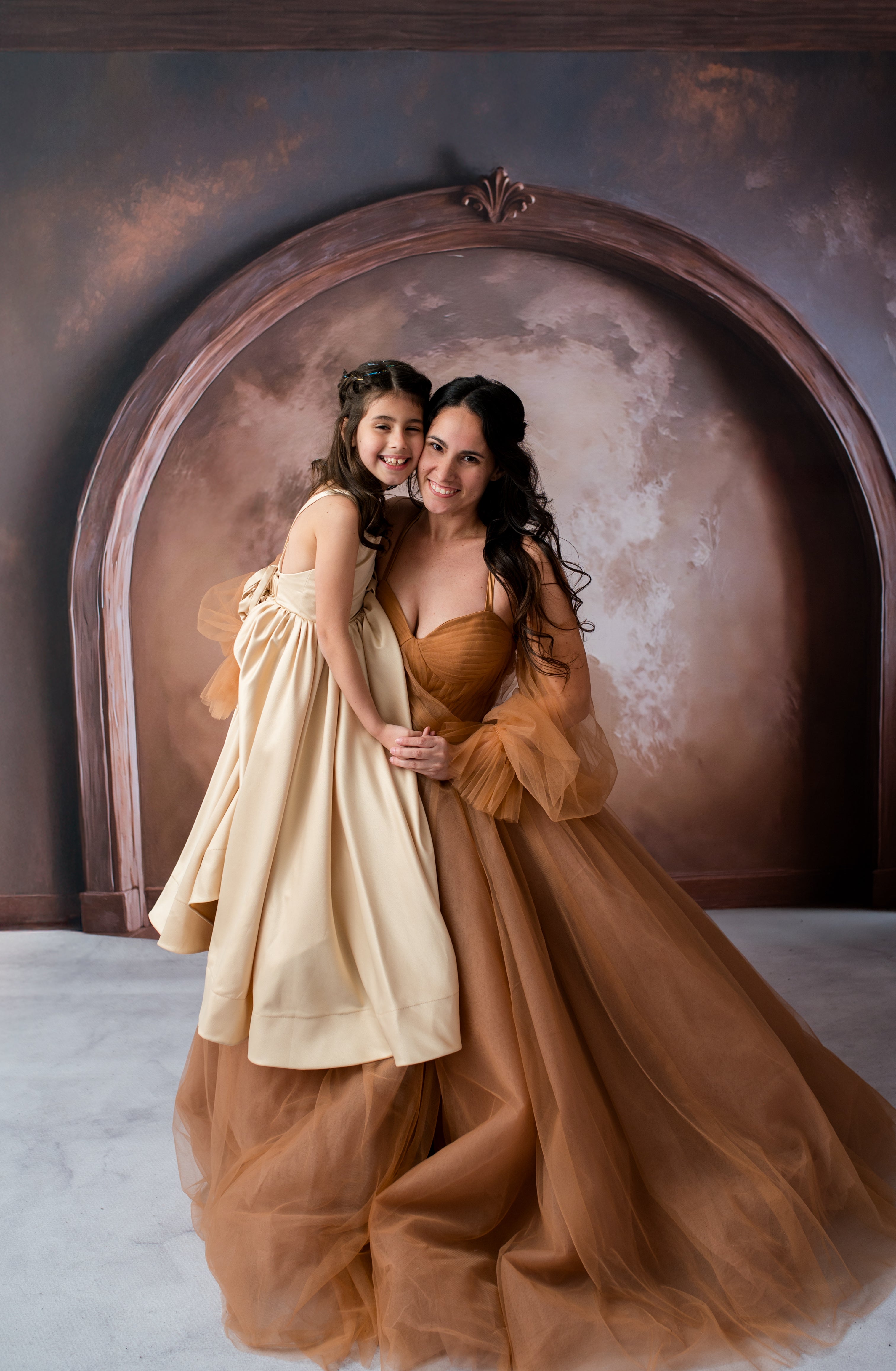 Couture tulle gown rental with corset back and off shoulder sleeves