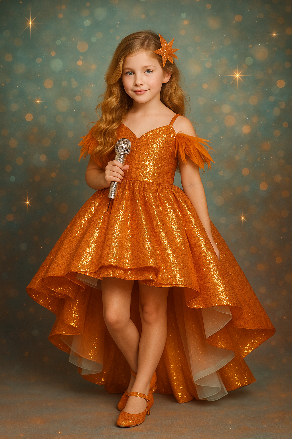 Orange sequin high-low gown with removable mint underlayer and detachable feather sleeves for girls
