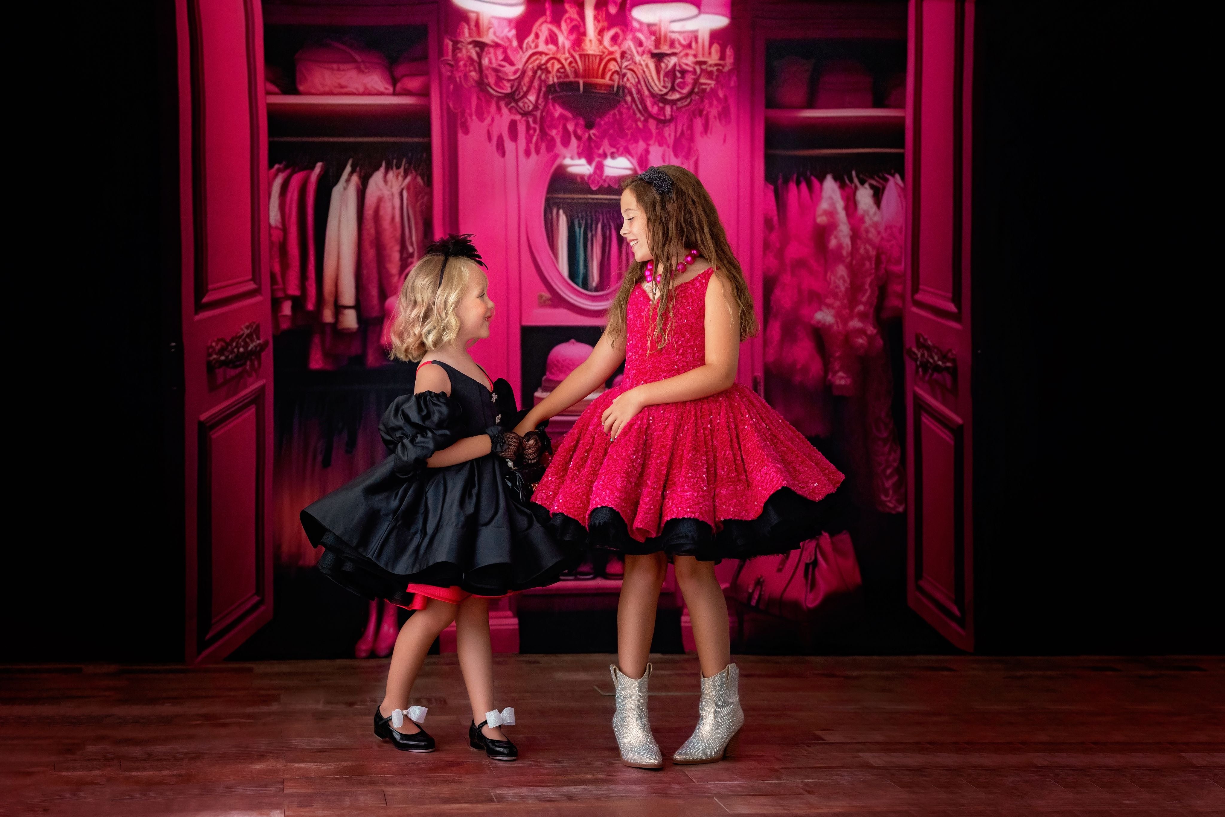 Barbie inspired flip dress, reversible pink and black, dresses for photography sessions, babydream backdrops, dream dress sessions, april massad photography