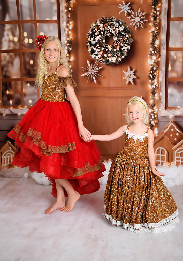 Rental gowns for christmas sessions, red gowns, holiday gowns, dream dress sessions, photography christmas sessions, gowns for photography. children's rental gowns, Red Christmas gown, princess inspired dress, babydream backdrops